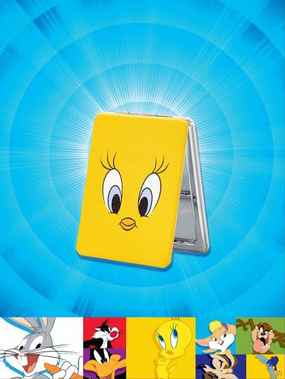 LOONEY TUNES X SHEIN مرآة قابلة للطي محمولة مطبوع عليها كرتون وأحرف، طائر تويتي