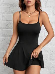 SHEIN PETITE Women's Sling A Hem Solid Color Pocketable Sports And Leisure Daily Anti-Exposure One-Piece Culottes - Black - View 5