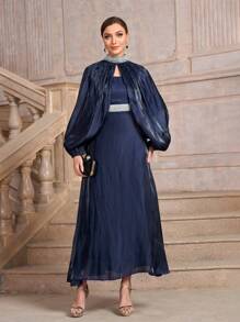 Blue Long Sleeve Loose  Women Arab Thobe Dress With Shiny Glitter Rhinestone Hot Stamping Design - Navy Blue - View 7