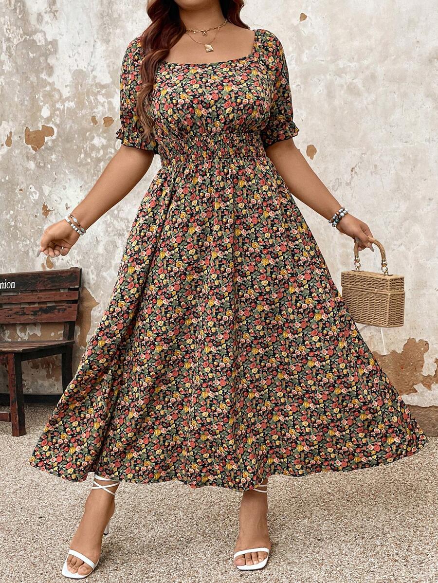 SHEIN LUNE Plus Size Square Neck Floral Print Shirred Summer Short Sleeve Dress - Multicolor - View 1