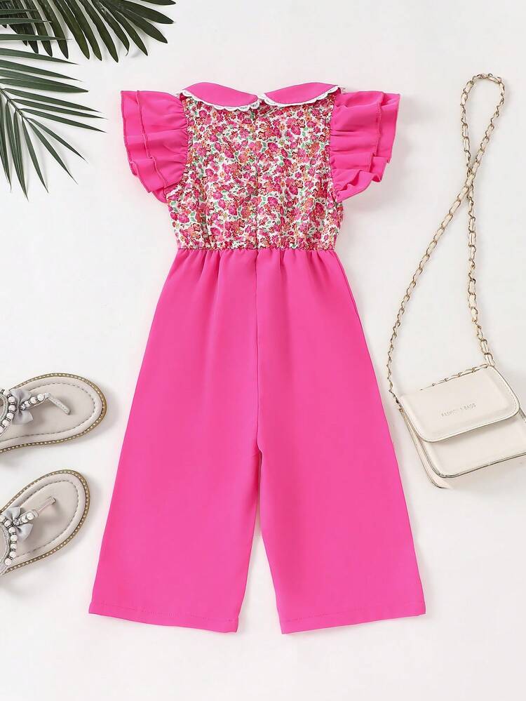 New Summer Style Baby Girls' Jumpsuit In Shades Of Pink Floral Design With Double Layered Cap Sleeves, Peter Pan Collar, Lace Trim - Elegant, Gorgeous, Cute, Casual, And