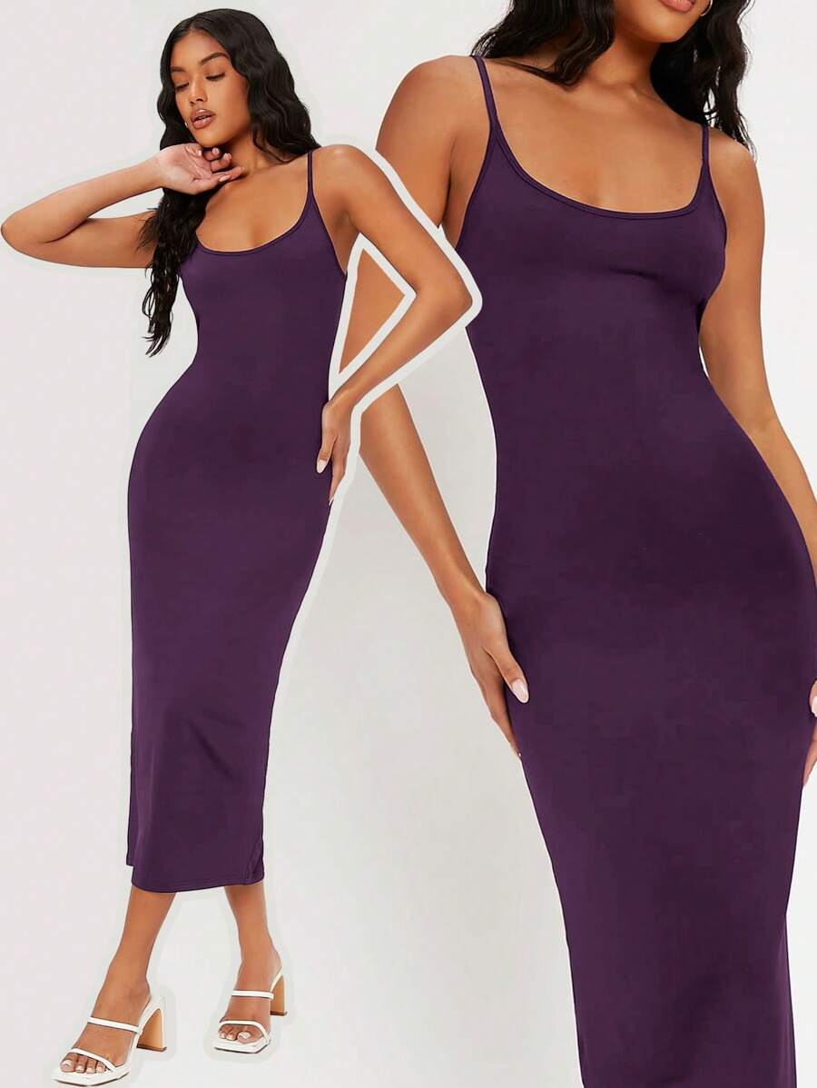 SHEIN BASICS 實心肩帶修身休閒晚宴約會連身裙 - 紫色 - 查看 1