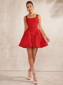 L'Amorae Ruffle Hem Square Neck Solid Elegant Dress - Red - View 5