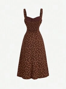 SHEIN MOD Váy nghỉ mát dài vừa phải in họa tiết hoa ngọt ngào theo phong cách đồng quê lãng mạn dành cho nữ, Váy ngày của mẹ, Váy mùa hè cho phụ nữ, Váy hoa, Váy vàng - màu nâu - Xem 2