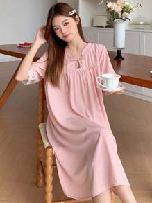 DAZY Chinese Style Round Collar Embroidery Lace Patchwork Homewear Dress Pajama - Pink - View 7