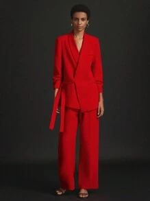 优雅时尚的 OL 职业装，搭配侧系带喇叭西式裤，西装套装，适合圣诞节假期派对工作服装 - 紅色 - 查看 1