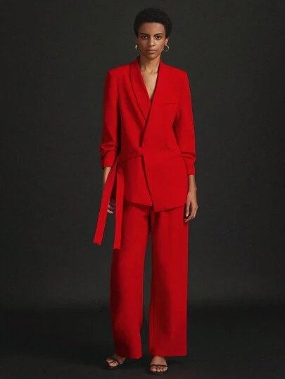 Aveloria Modichic Conjunto de ropa elegante y elegante para profesionales con pantalones acampanados atados a un lado, conjunto de traje para fiestas navideñas y de trabajo