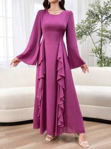 Modelyn Vestido modesto de unicolor con detalle de volantes y mangas acampanadas para mujer - Rojo violeta - Ver 1