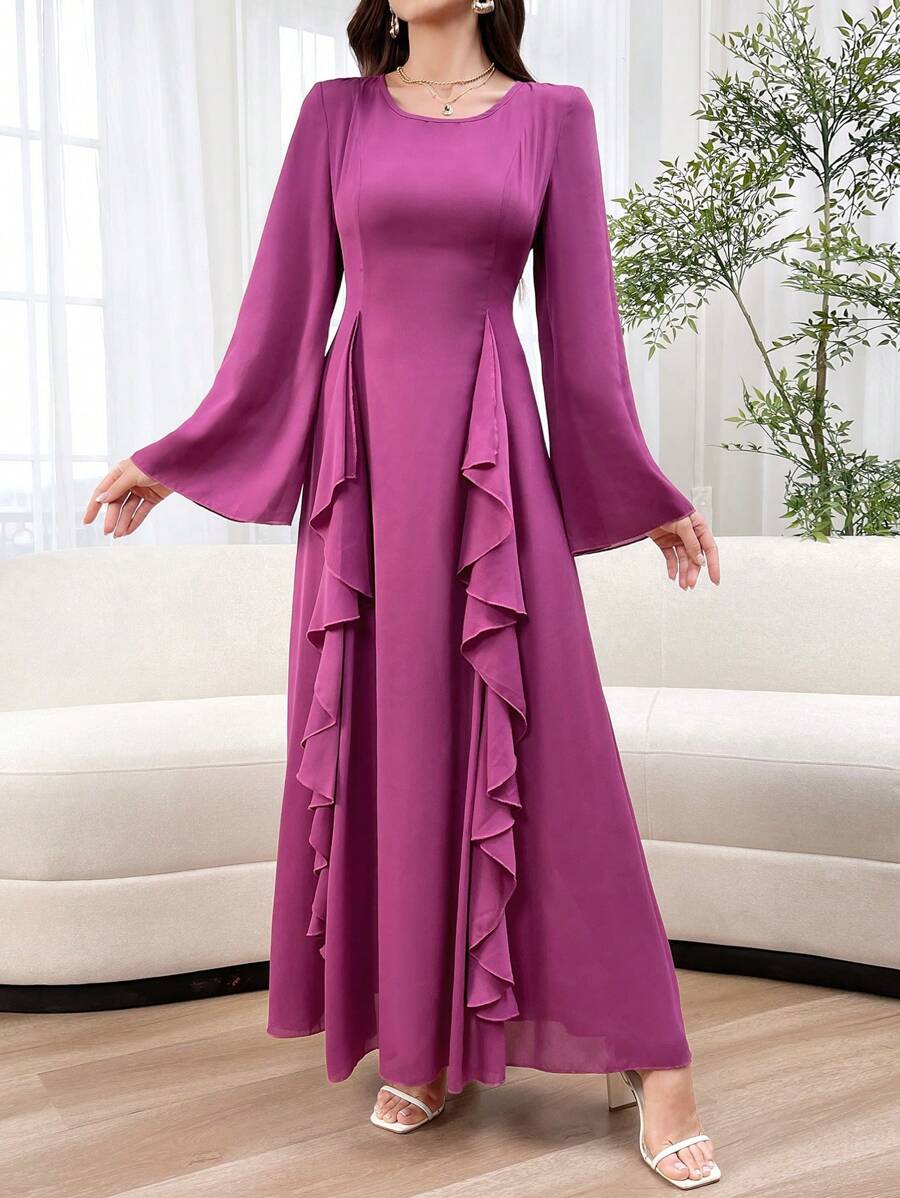 Modelyn Women's Solid Color Ruffle Detail Flare Sleeve Modest Dress - Red Violet - View 1