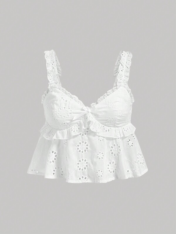 SHEIN MOD White Pleated Eyelet Embroidery Hollow Out Summer Holiday A-Line Sleeveless With Bowknot, Cute Tank Top,Comfy Tank Top,Flowy Tank Top