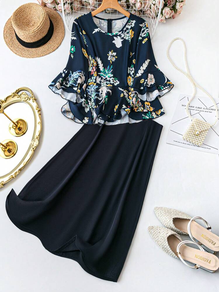 Plus Size Women's Fashion Printed Loose Top And Solid Color Skirt Two Pieces Set 2 Pieces Set