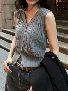 Solid Color Textured V-Neck Cardigan Sweater Vest - Grey - View 1