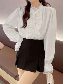 Áo Sơ Mi Tay Dài Viền Ren Viền Ruffle Màu Trơn Thanh Lịch, Xuân/Hè - trắng - Xem 1