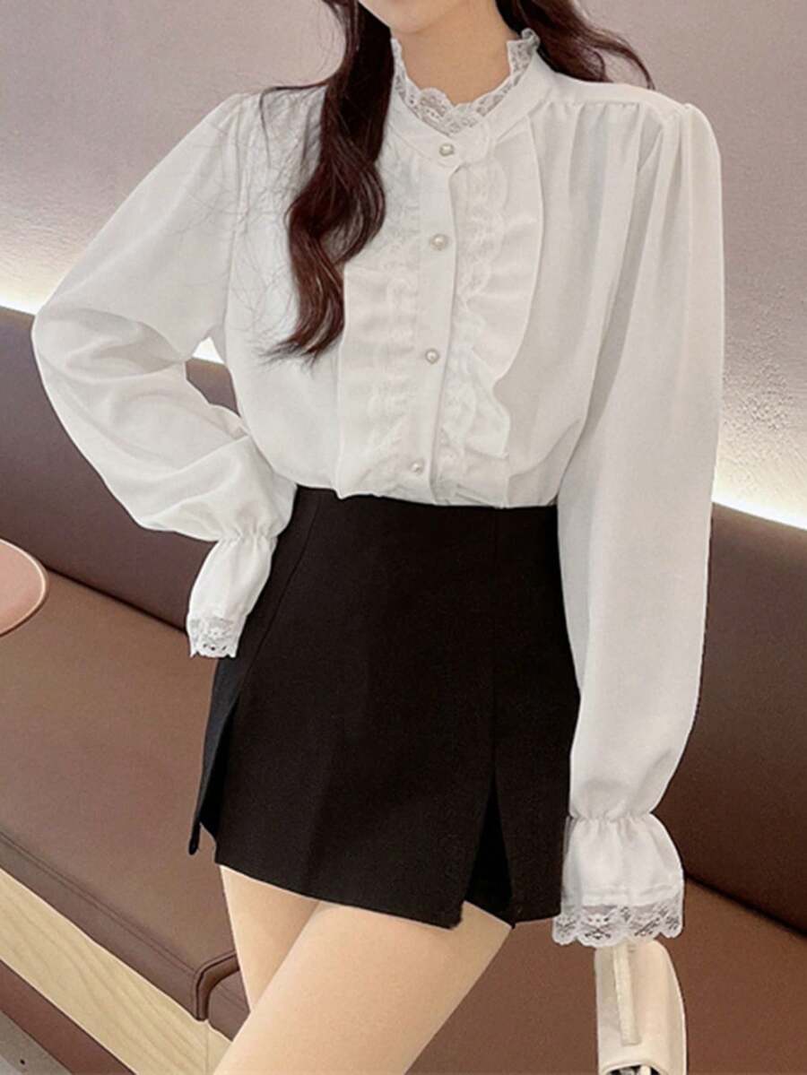 Áo Sơ Mi Tay Dài Viền Ren Viền Ruffle Màu Trơn Thanh Lịch, Xuân/Hè - trắng - Xem 1