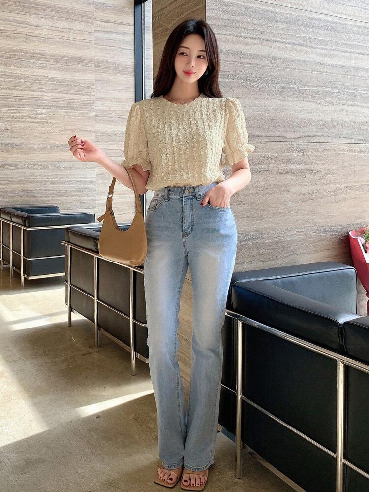 Solid Color Textured Puff Sleeve Integrated Short Sleeve Women T-Shirt Summer,Ruffle