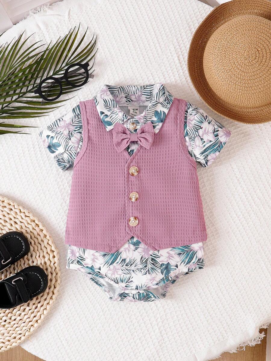 SHEIN Body bébé garçon à manches courtes avec gilet, style britannique floral, pour l'été - Rose bonbon - Voir 1