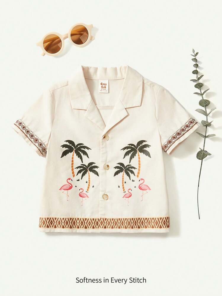 Baby Boy Cartoon Coconut Tree Pattern Lapel Short Sleeve Cardigan