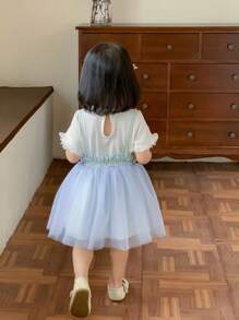 SHEIN 2入組嬰幼女童可愛蕾絲心形T恤和紗裙吊帶裝，適用於春夏季 - 藍色 - 查看 2