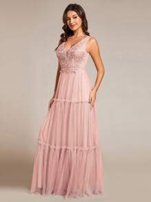 Elegant Sleeveless V-Neck Embroidered Tulle Dress With Flared Dress - Baby Pink - View 4