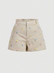 SHEIN MOD Shorts de pana con bordado de flores encantadoras para mujeres de talla grande con cintura alta