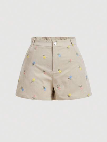 SHEIN MOD Shorts de cintura alta de veludo cotelê bordado adorável com flores para mulheres de Plus Size