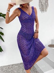 Hollow Out V-Neck Sleeveless Knitted Coverup Dress For Vacation