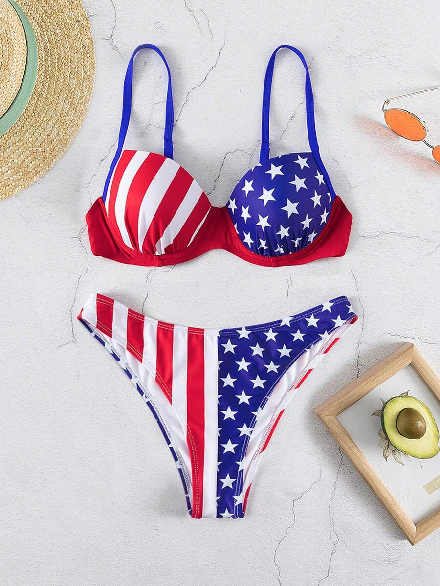 SHEIN Swim American USA Flag Print Summer Beach Bra & Bikini Bottom Set 4th Of July Bikini Set - Multicolor - View 1