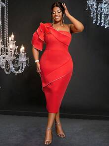 Plus Size Ruffled One Shoulder Contrast Edge Cinched Waist Party Dress - Red - View 5