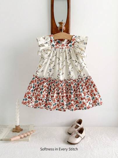 Cozy Pixies 嬰兒女孩迷你花卉荷葉邊方領套頭裙