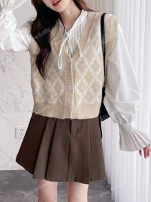 Vintage Plaid V-Neck Button-Front Cardigan Vest, Casual For Spring Autumn