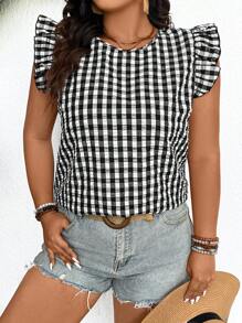 SHEIN Frenchy Plus Size Gingham Print Back-Tied Ruffle Hem Summer Shirt,Back To School Outfits
