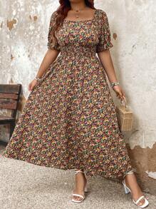 SHEIN LUNE Plus Size Square Neck Floral Print Shirred Summer Short Sleeve Dress - Multicolor - View 5