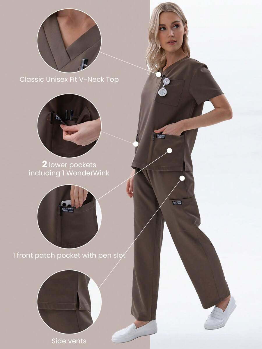 TaskEZ Women Scrub Uniforms Scrub Uniform Set With Top And Large Pockets Pants - Coffee Brown - View 1