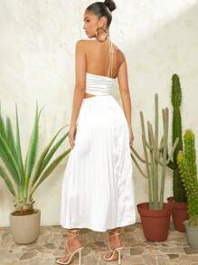 L'Amorae Cut Out Waist Pleated Tie Satin Dress