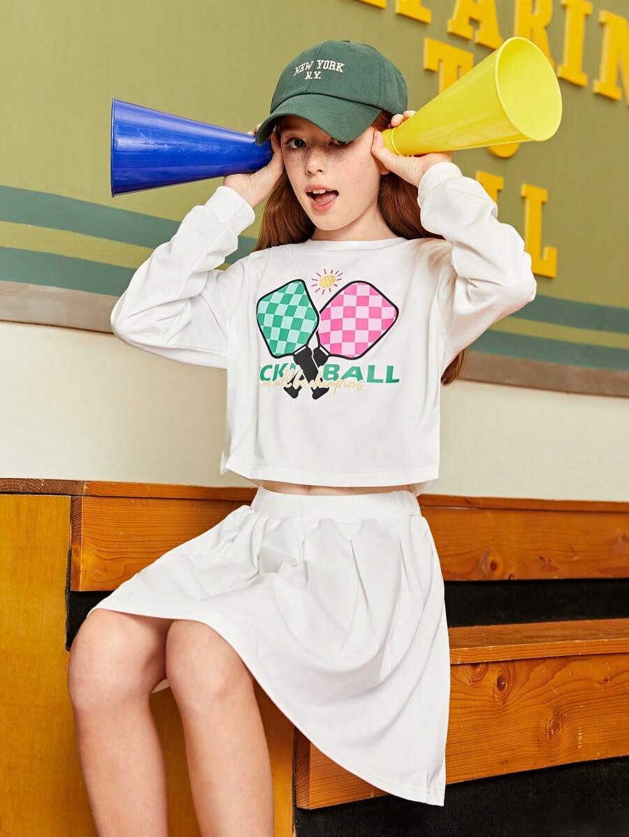 SHEIN Explorewe Tween Girls' Casual Tennis Racket & Letter Printed Long Sleeve Top And Skirt Set, Spring/Summer - White - View 1