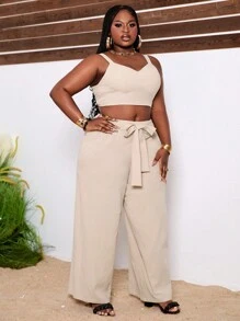 Slaydiva Kích thước lớn Kỳ nghỉ & Giải trí Dệt Kết cấu Chất rắn Màu Khaki 2 cái/bộ Quần bó Không có Đàn hồi - Màu Khaki - Xem 3