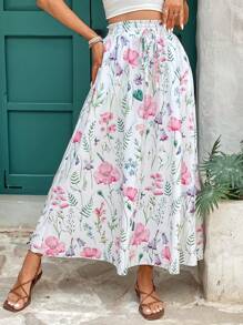 Chiquease Falda de talle alto con decoración de lazo y estampado floral para vacaciones, conjunto de ropa de mujer