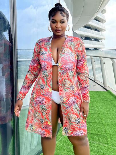 SHEIN Swim Curve Plus Size Casual Printed Kimono Cover Up, Ideal For Beach Vacation Outfits Summer