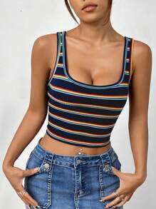 SHEIN EZwear 多彩條紋針織女士坦克頂 - 藏蓝色 - 查看 6