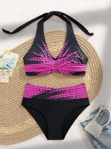 Swim Lushoire Women's Summer Beach Geometric Print Crossed Halter Neck Sexy Bikini Set - Multicolor - View 3