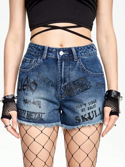 Grunge Punk Sommer Mode zerrissene Denim Shorts mit bedrucktem Slogan