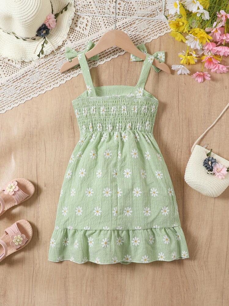SHEIN Vintaside Kids 年輕女孩藍色休閒吊帶裙，家庭配套服裝（4件分開售賣） - 綠色 - 查看 2