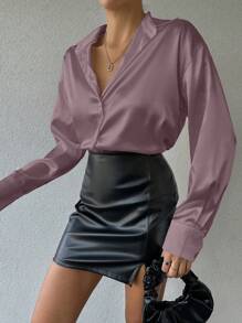 EURMUSE Elegant Office Style Solid Color Button Front Shirt - Violet Purple - View 5