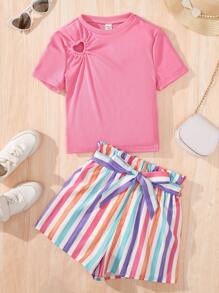 Conjunto casual para niña preadolescente con camiseta de cuello redondo y estampado de corazón hueco y pantalones