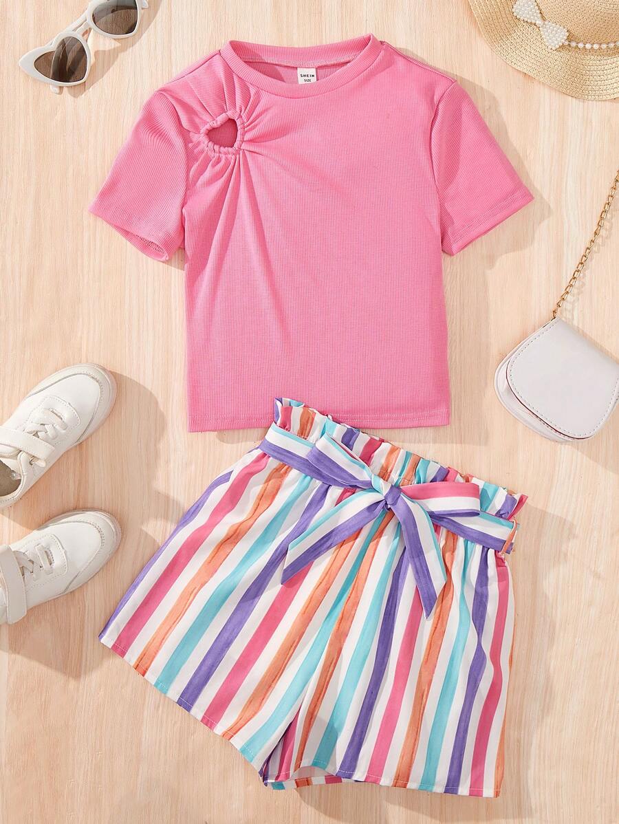 Conjunto casual para niña preadolescente con camiseta de cuello redondo y estampado de corazón hueco y pantalones