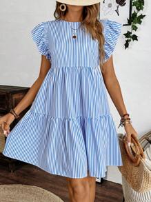 SHEIN LUNE 假日休閒條紋荷葉邊束腰連身裙 - 藍色 - 查看 3