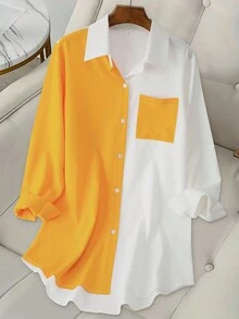 時尚女款色塊長襯衫，附口袋 - 黃色 - 查看 3