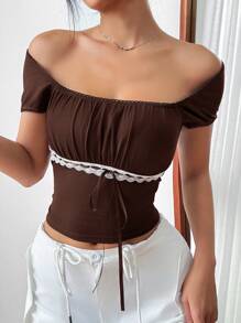 SHEIN EZwear 泡泡袖修身T恤，透視條紋方領設計 - 棕色 - 查看 5