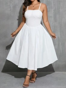 SHEIN Essnce Vestido blanco sin mangas para mujer de talla grande con escote cuadrado y línea A con ajustador de cintura - Blanco - Ver 3