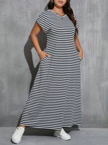 SHEIN Essnce Women's Plus Size Round Neck Black & White Striped A-Line Short Sleeve Dress With Side Pockets, For Summer